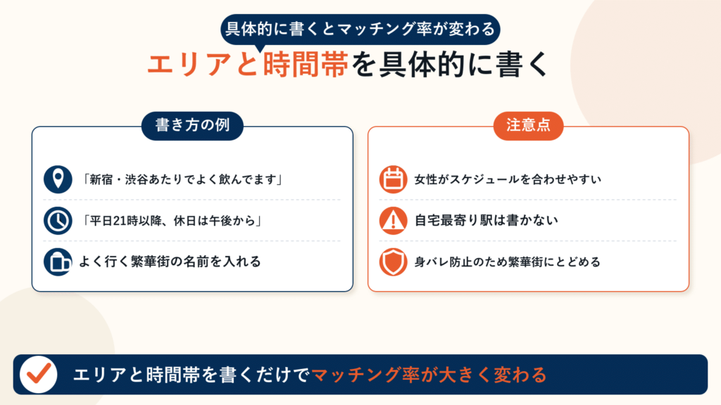 出没エリアと会いやすい時間帯を具体的に書く